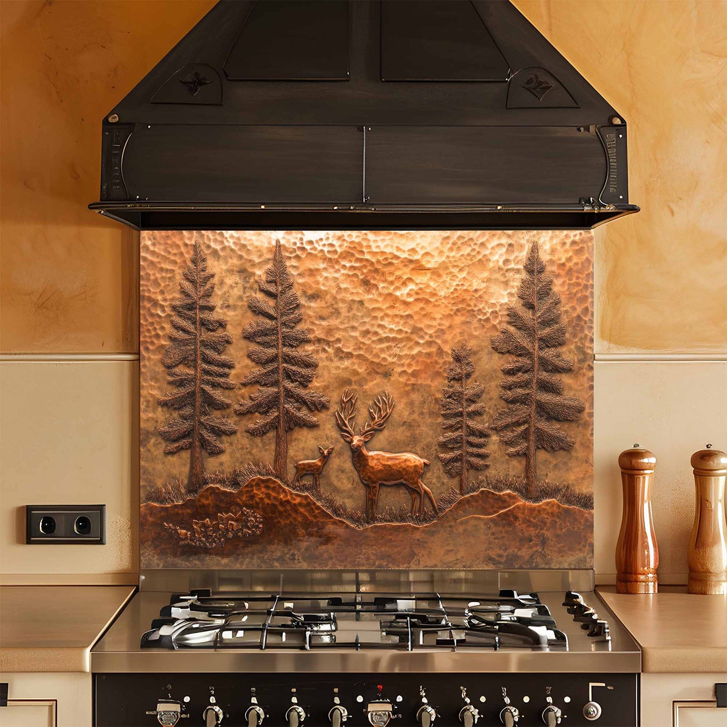Stainless steel stove with decorative copper look glass backsplash featuring a deer and trees in a kitchen setting.