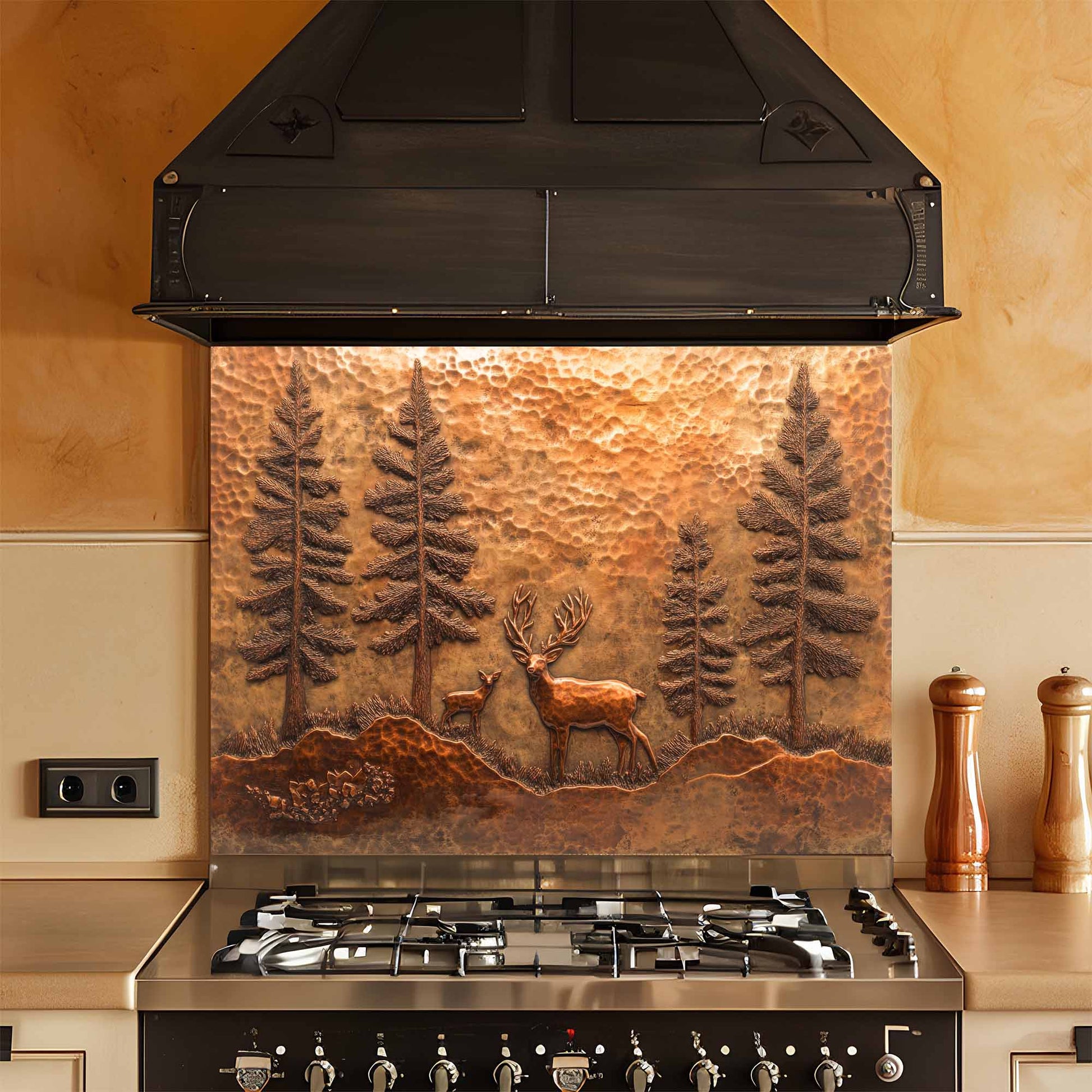Stainless steel stove with decorative copper look glass backsplash featuring a deer and trees in a kitchen setting.