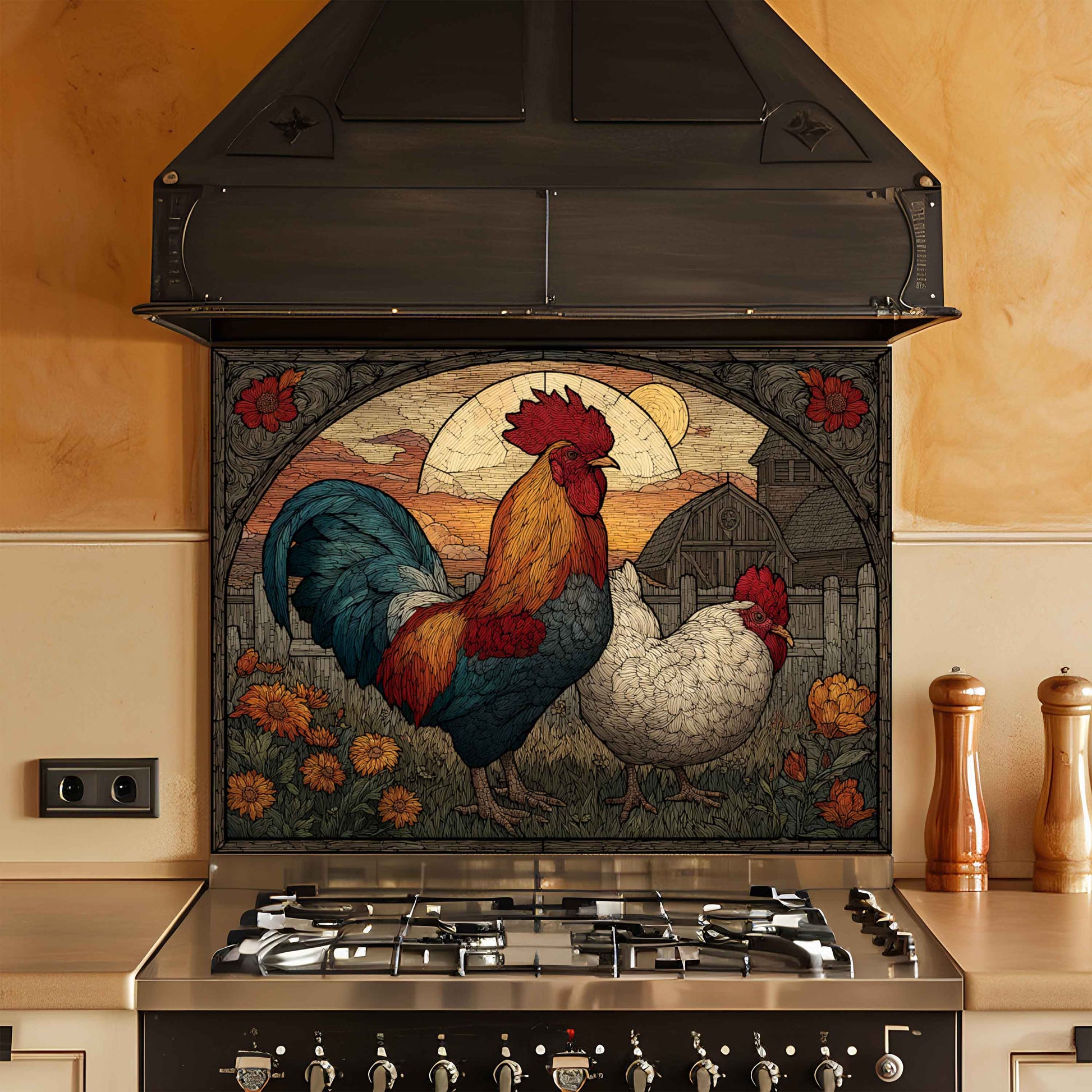 Decorative backsplash with rooster and hen design above a stove in a kitchen.