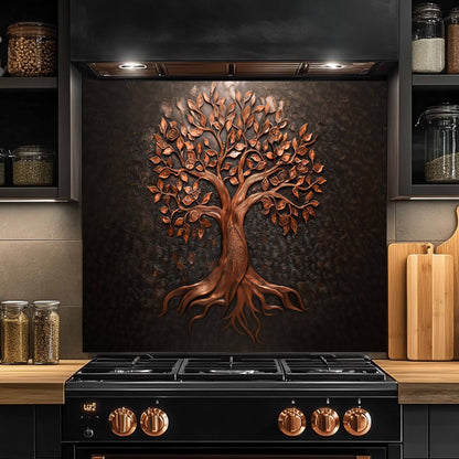 Decorative wall art of a tree on a kitchen wall above a stove.
