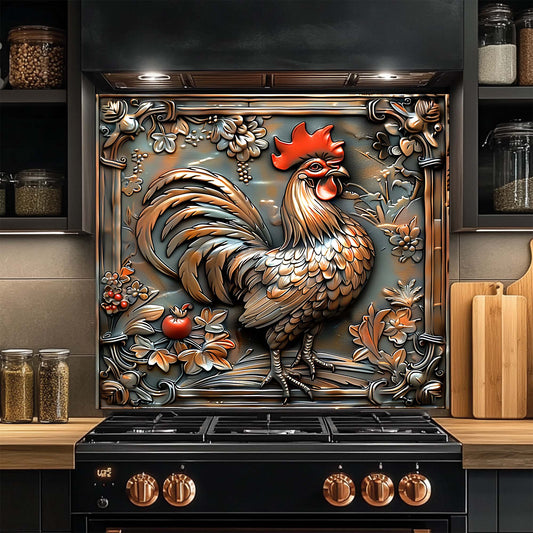 Decorative rooster glass backsplash on a kitchen wall above a stove