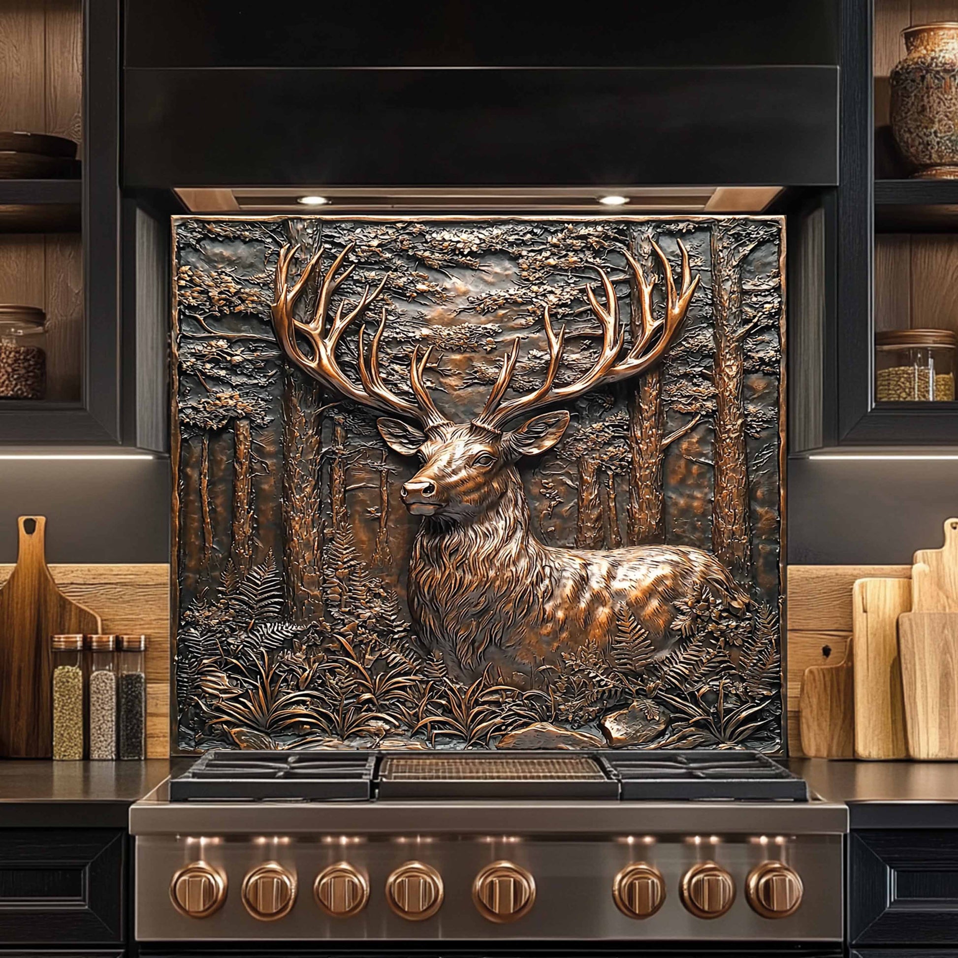 Stainless steel stove with decorative deer backsplash in a kitchen setting