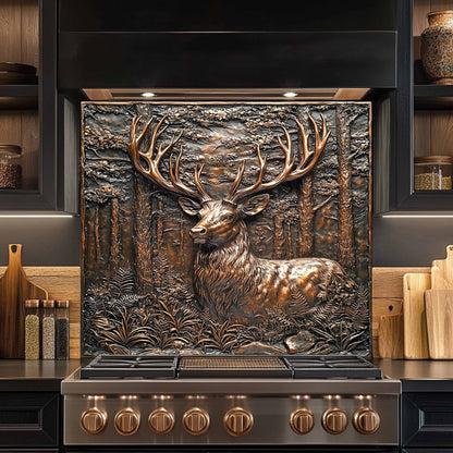 Stainless steel stove with decorative deer backsplash in a kitchen setting