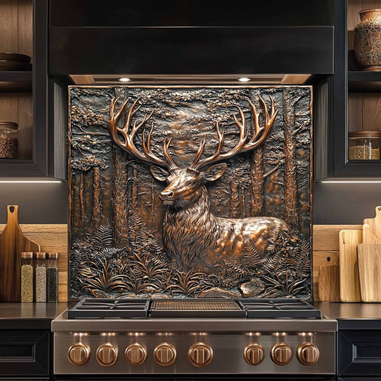 Stainless steel stove with decorative deer backsplash in a kitchen setting