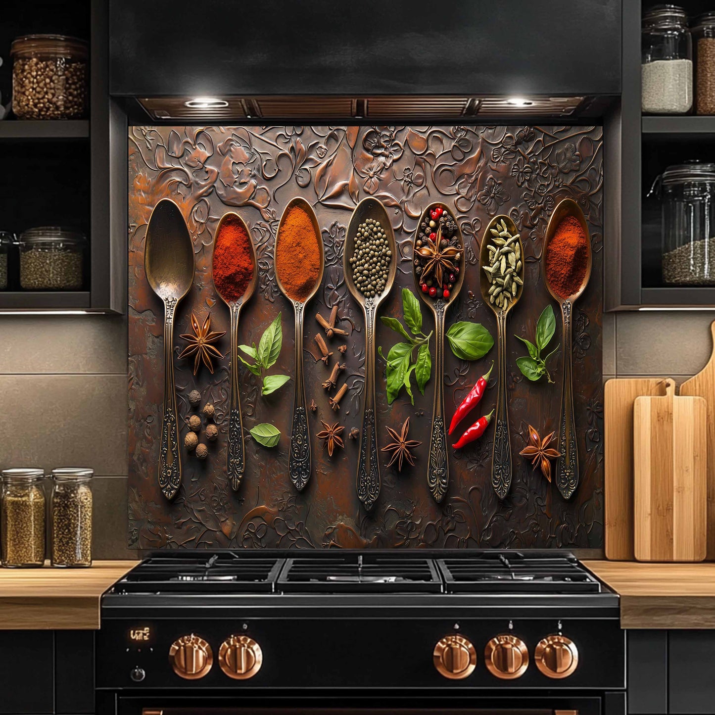 Decorative backsplash with spoons filled with spices and herbs in a kitchen setting.