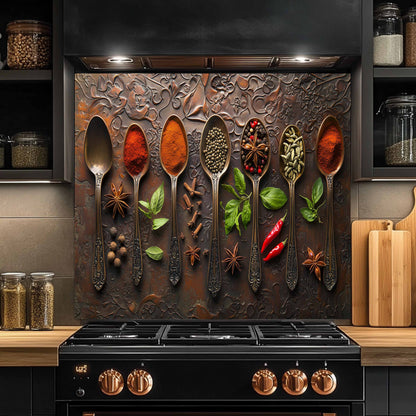 Decorative backsplash with spoons filled with spices and herbs in a kitchen setting.