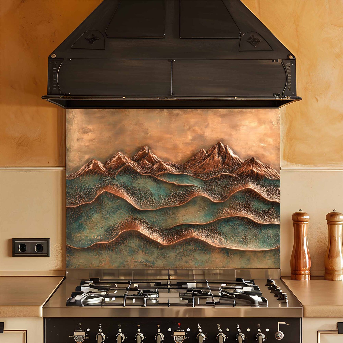Stainless steel stove with decorative mountain glass backsplash above it in a kitchen setting.