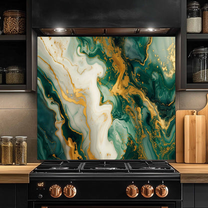 Kitchen stove with a decorative backsplash featuring green, gold, and white marbled pattern.