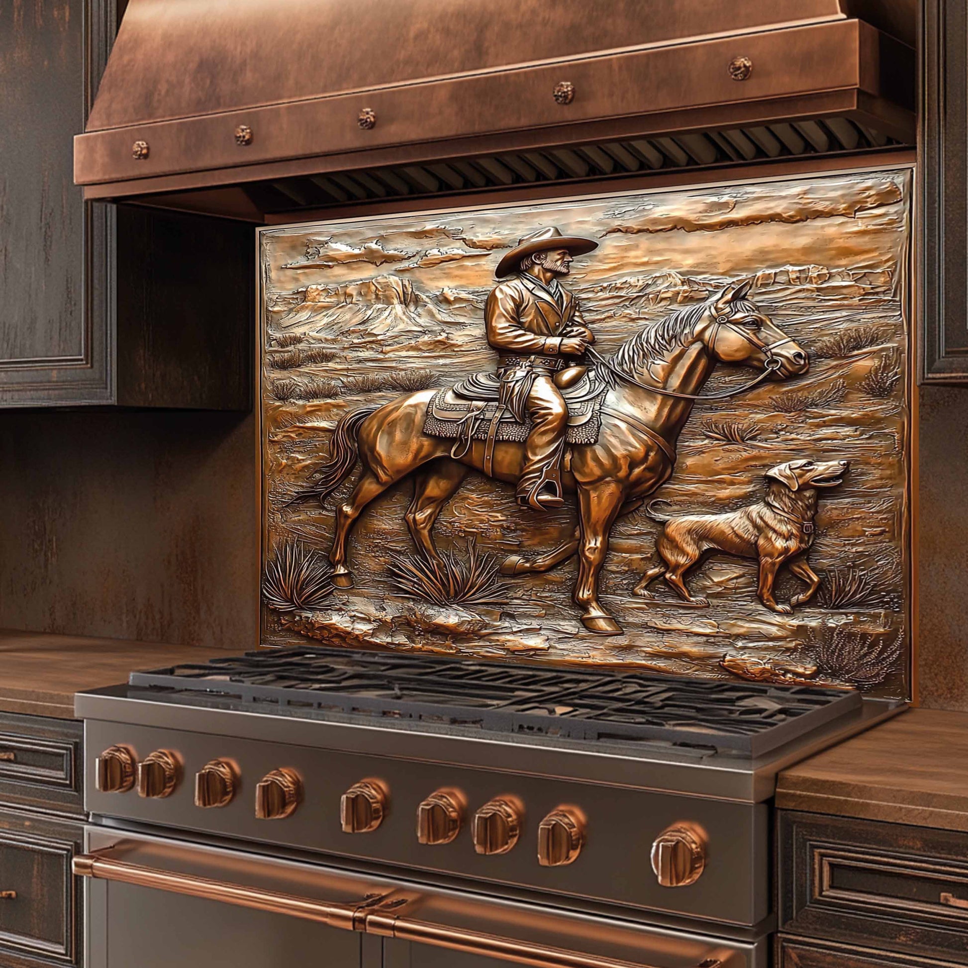 Glass backsplash stove panel with a cowboy and horse design in a rustic kitchen setting.