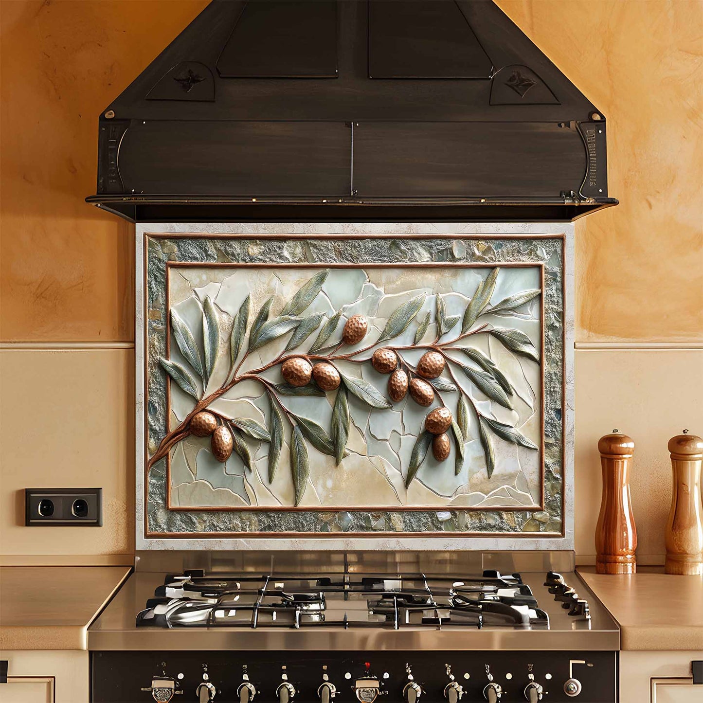 Decorative kitchen backsplash with olive branch design above a stove in a kitchen.