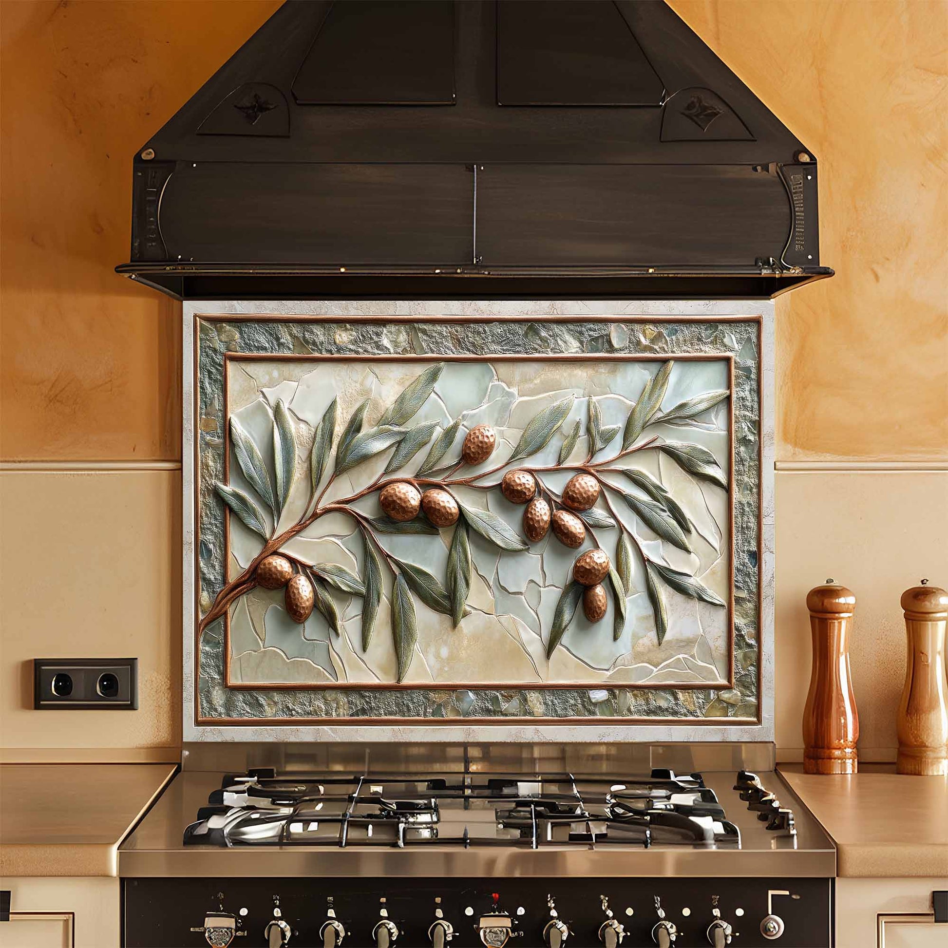 Decorative kitchen backsplash with olive branch design above a stove in a kitchen.