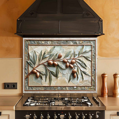 Decorative kitchen backsplash with olive branch design above a stove in a kitchen.