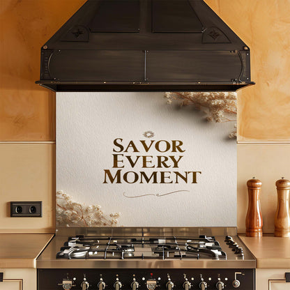 Kitchen stove with decorative glass backsplash featuring 'Savor Every Moment' text
