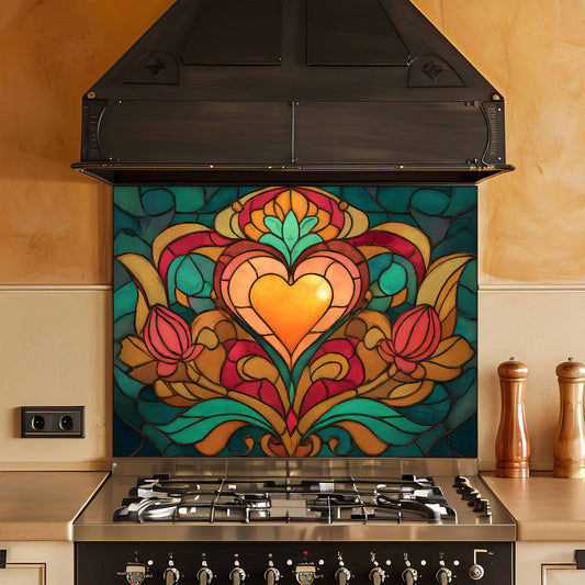 Stylized heart design on a kitchen backsplash above a stove.