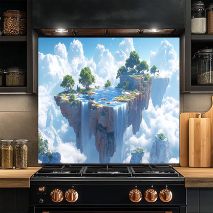 Kitchen stove with a scenic glass backsplash of an island in the clouds