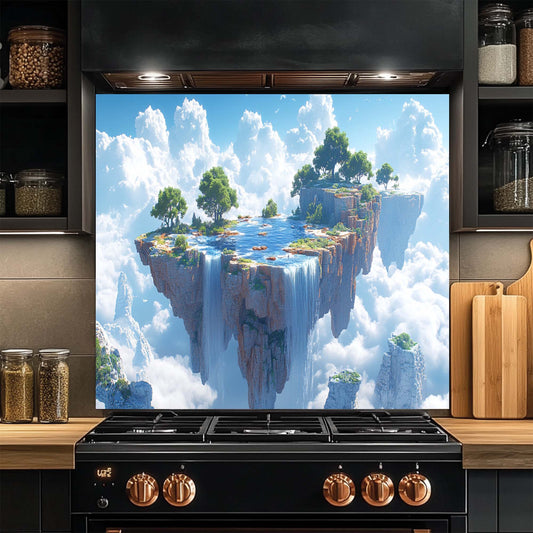 Kitchen stove with a scenic glass backsplash of an island in the clouds
