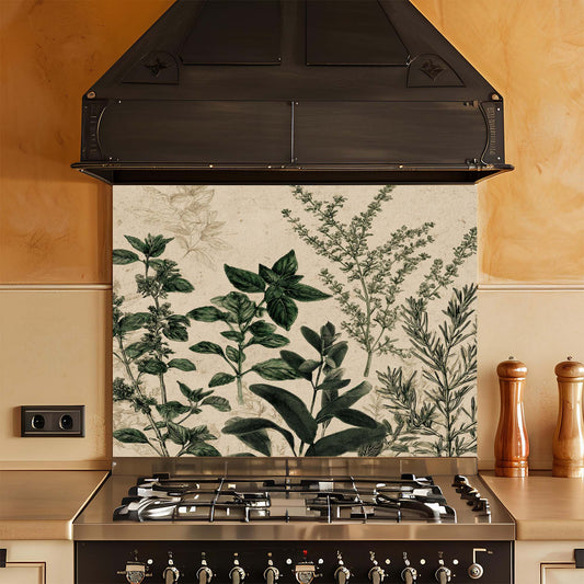 Kitchen stove with a decorative glass backsplash featuring green leaf patterns.