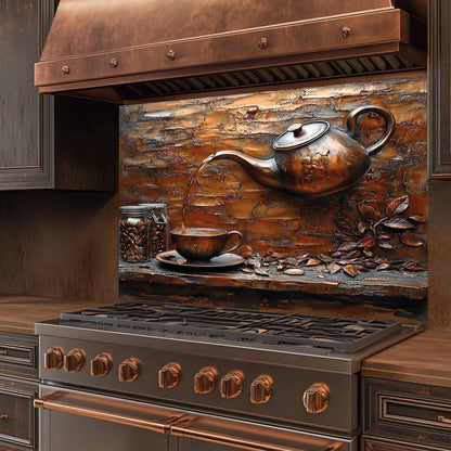 Stainless steel stove with copper accents and decorative backsplash featuring a teapot and cup.
