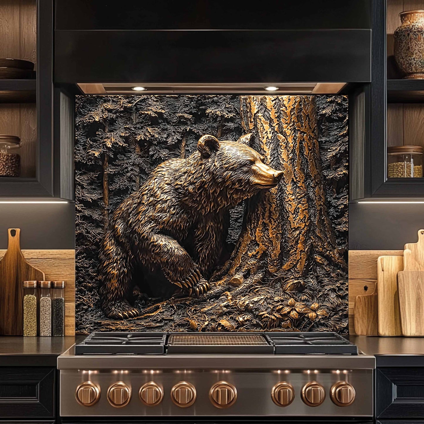 Stainless steel stove with bear and forest design on the back splash