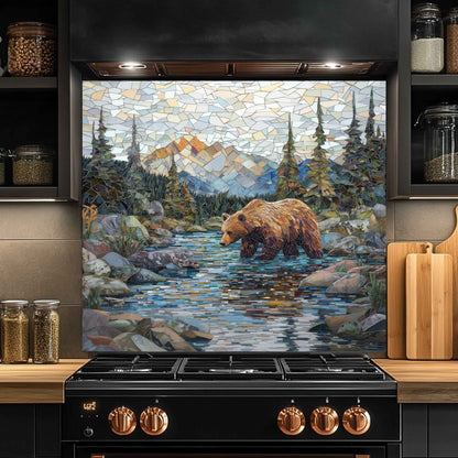 Kitchen with a decorative backsplash featuring a bear and mountain scene.