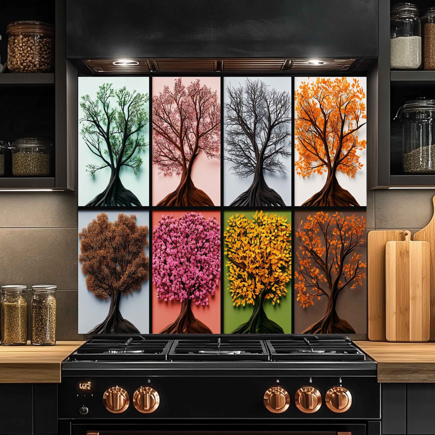 Black stove with decorative backsplash of trees in various colors in a kitchen setting.
