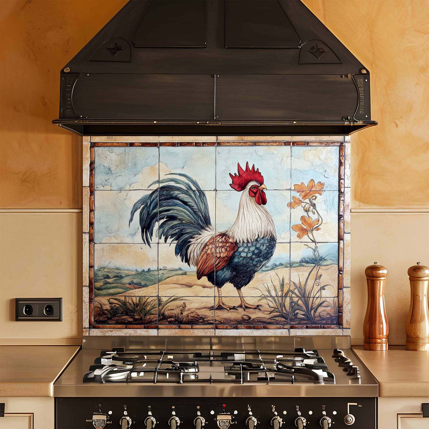 Kitchen stove with a decorative glass backsplash featuring a rooster design.