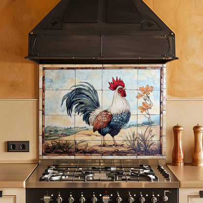 Kitchen stove with a decorative glass backsplash featuring a rooster design.