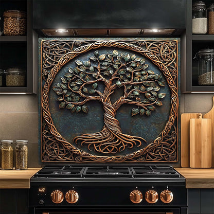 Decorative glass backsplash with a tree design above a stove in a kitchen setting.