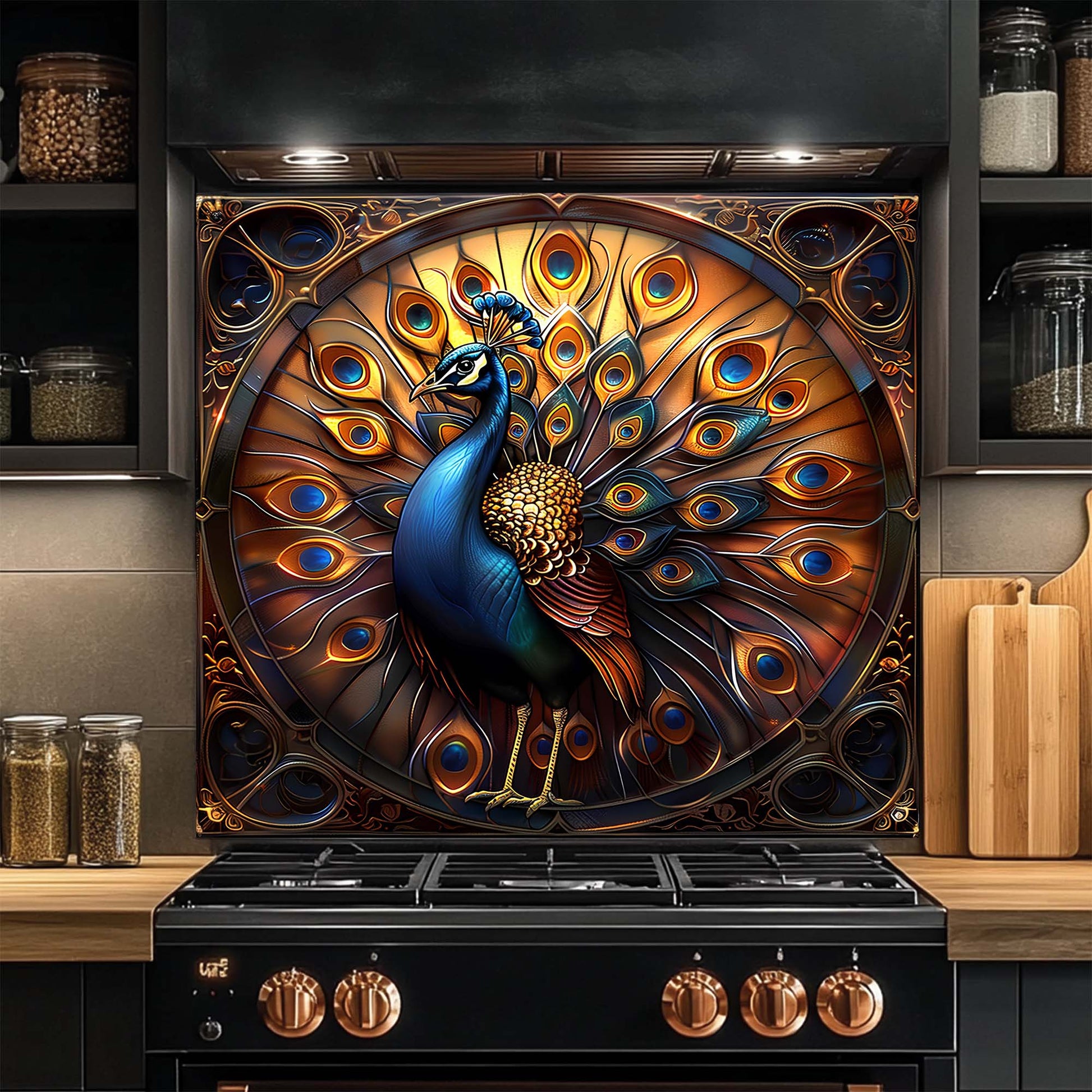 Decorative glass backsplash of a peacock on a kitchen stove