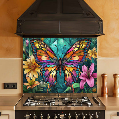 Colorful butterfly and floral design on a kitchen backsplash above a stove.