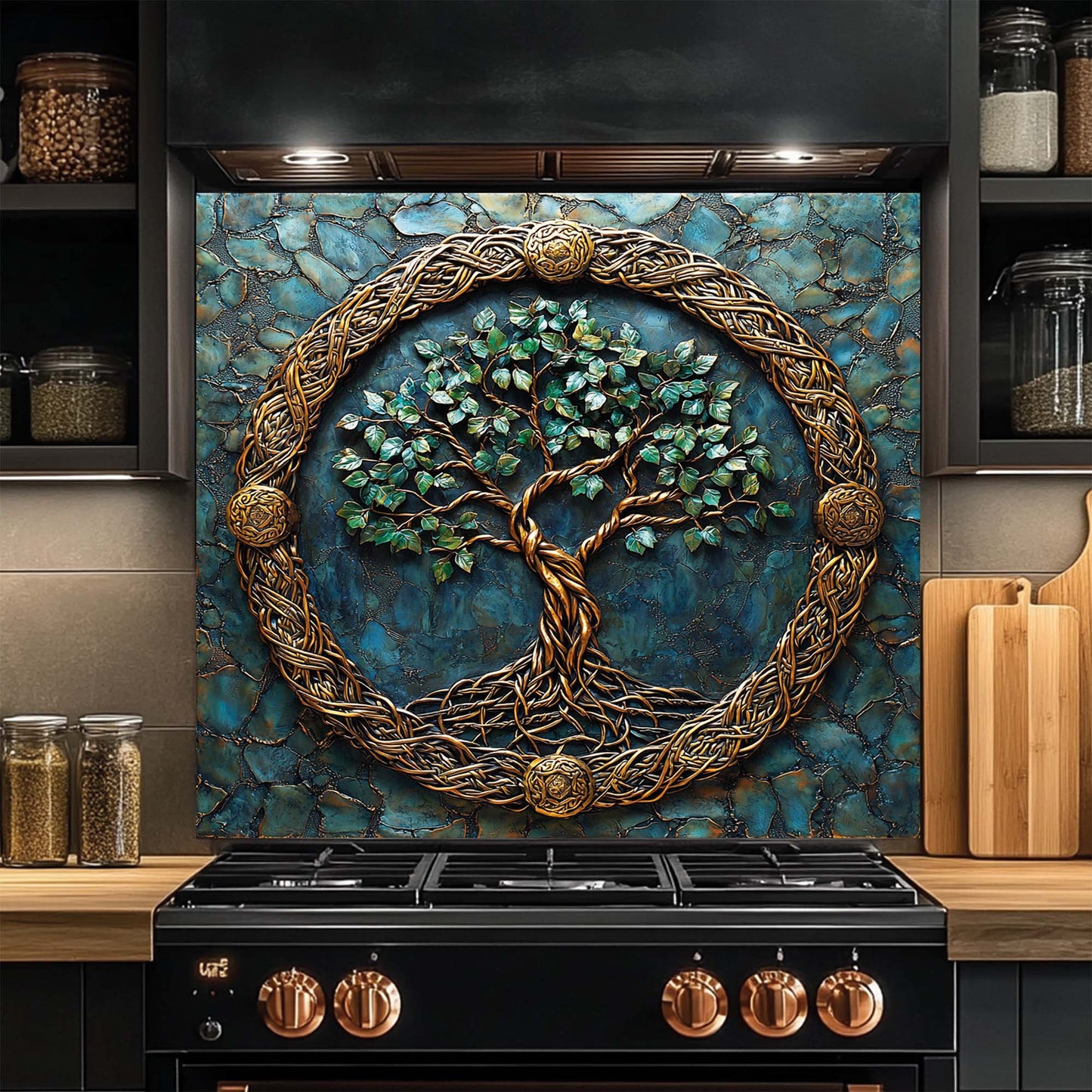 Decorative glass backsplash with tree design above a kitchen stove