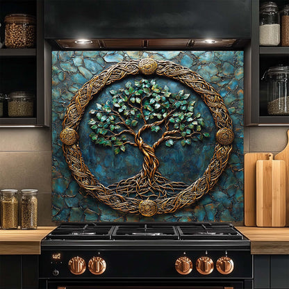 Decorative glass backsplash with tree design above a kitchen stove