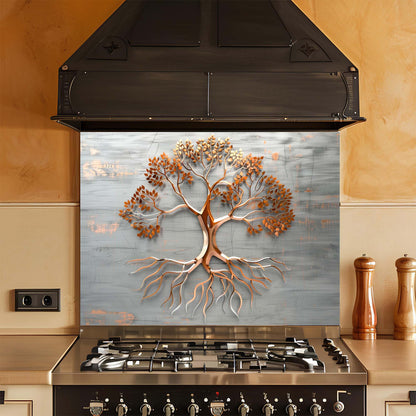 Kitchen with a decorative glass splashback featuring a tree design.