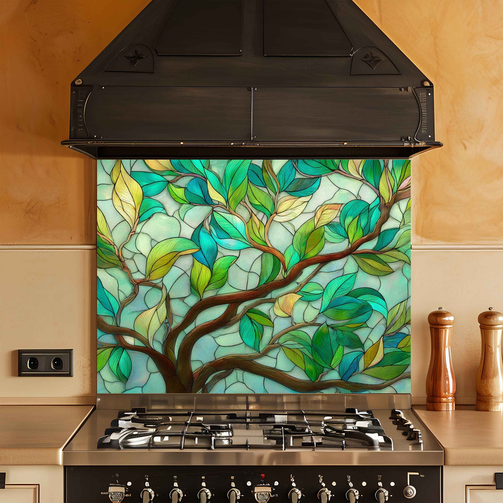 Stylized tree of life design on a kitchen backsplash with a modern stove.