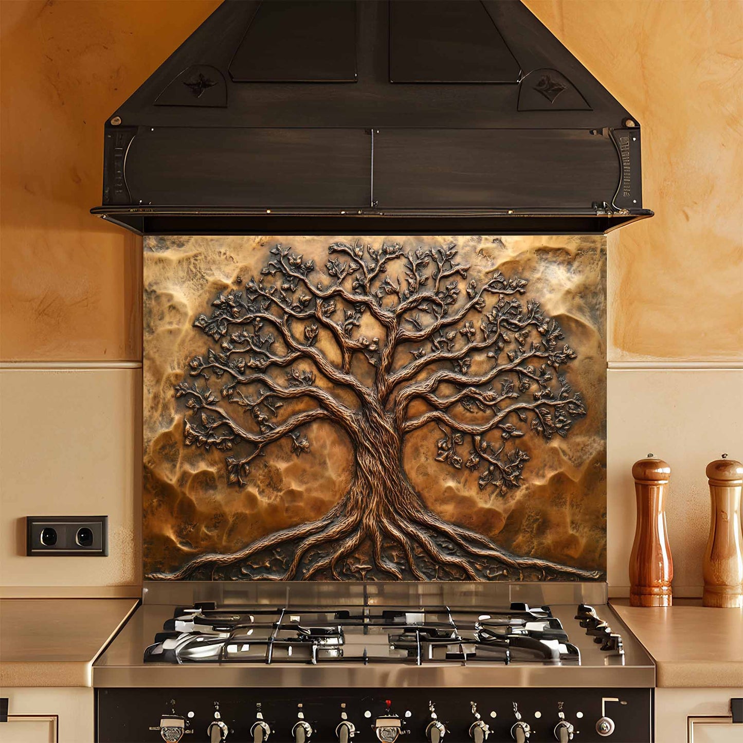 Decorative glass backsplash above a stove in a kitchen setting.