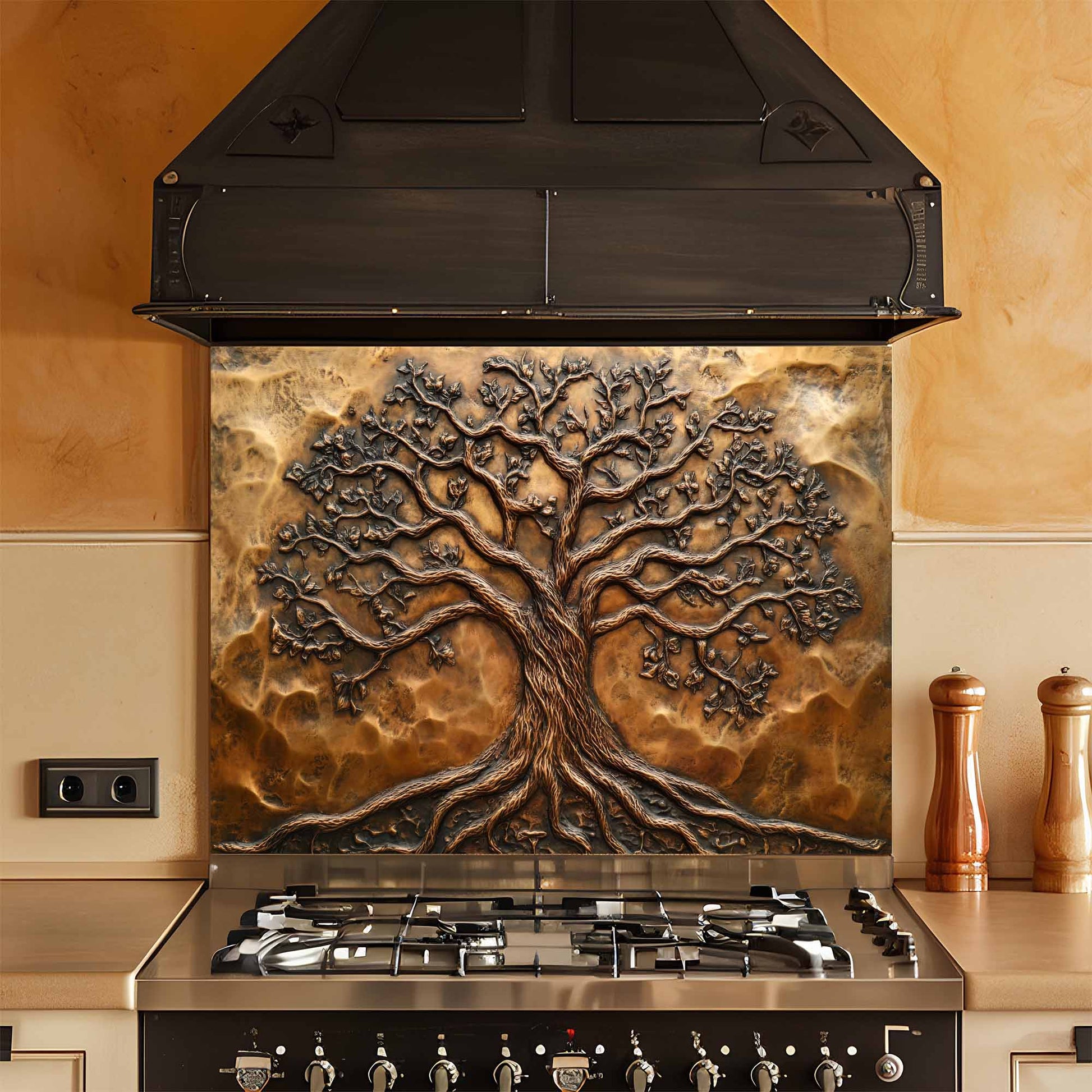 Decorative glass backsplash above a stove in a kitchen setting.