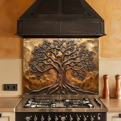 Decorative glass backsplash above a stove in a kitchen setting.