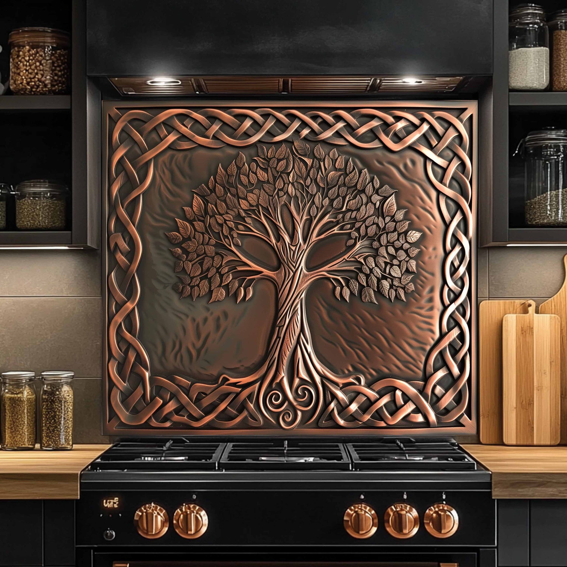 Custom tempered glass backsplash copper look tree of life