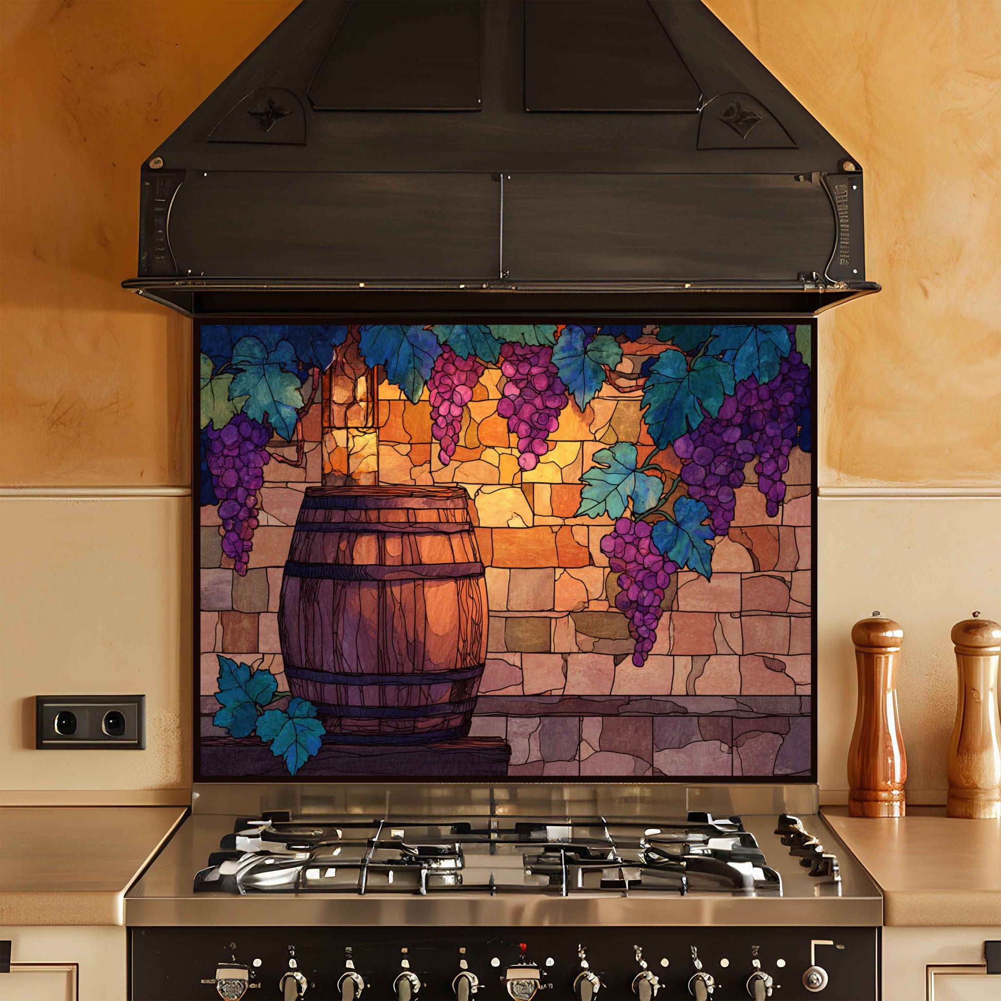 Stained glass panel with a barrel and grapes above a stove in a kitchen.