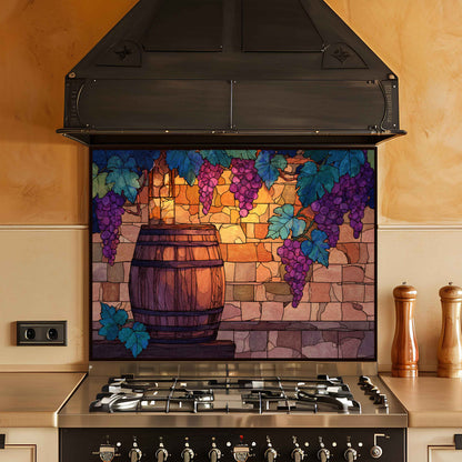 Stained glass panel with a barrel and grapes above a stove in a kitchen.