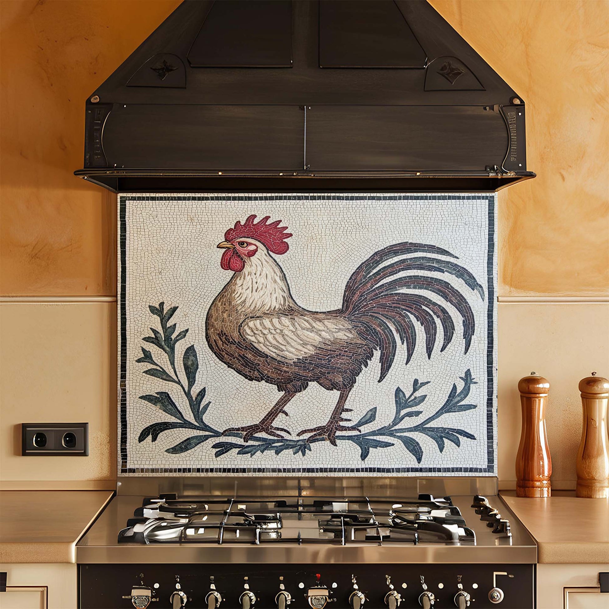 Kitchen stove with a decorative glass backsplash featuring a rooster design.