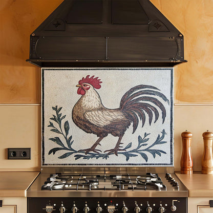 Kitchen stove with a decorative glass backsplash featuring a rooster design.