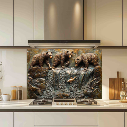 Kitchen with a decorative glass splashback featuring bears and a fish.