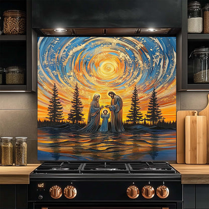 Decorative glass backsplash above a stove with a family scene in a forest setting.