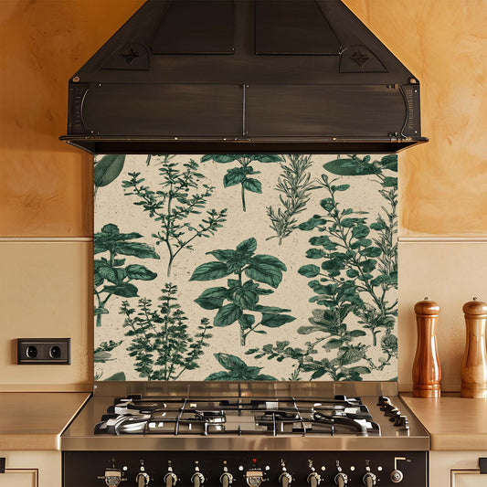Kitchen stove with a decorative glass backsplash featuring green leaf patterns.