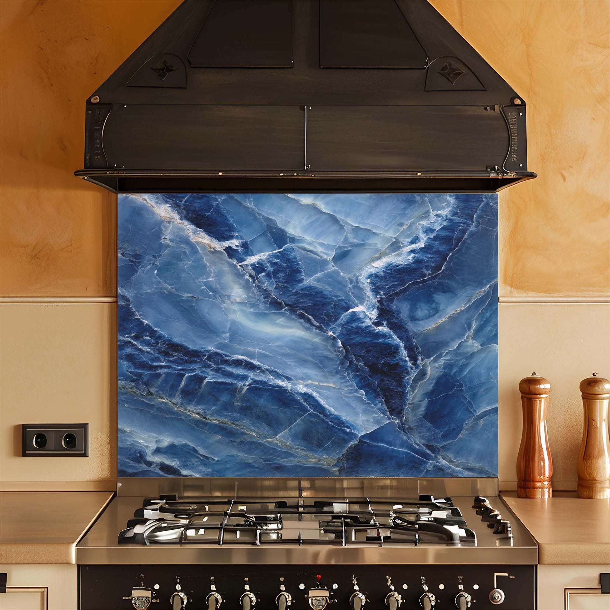 Kitchen stove with a blue marble glass backsplash