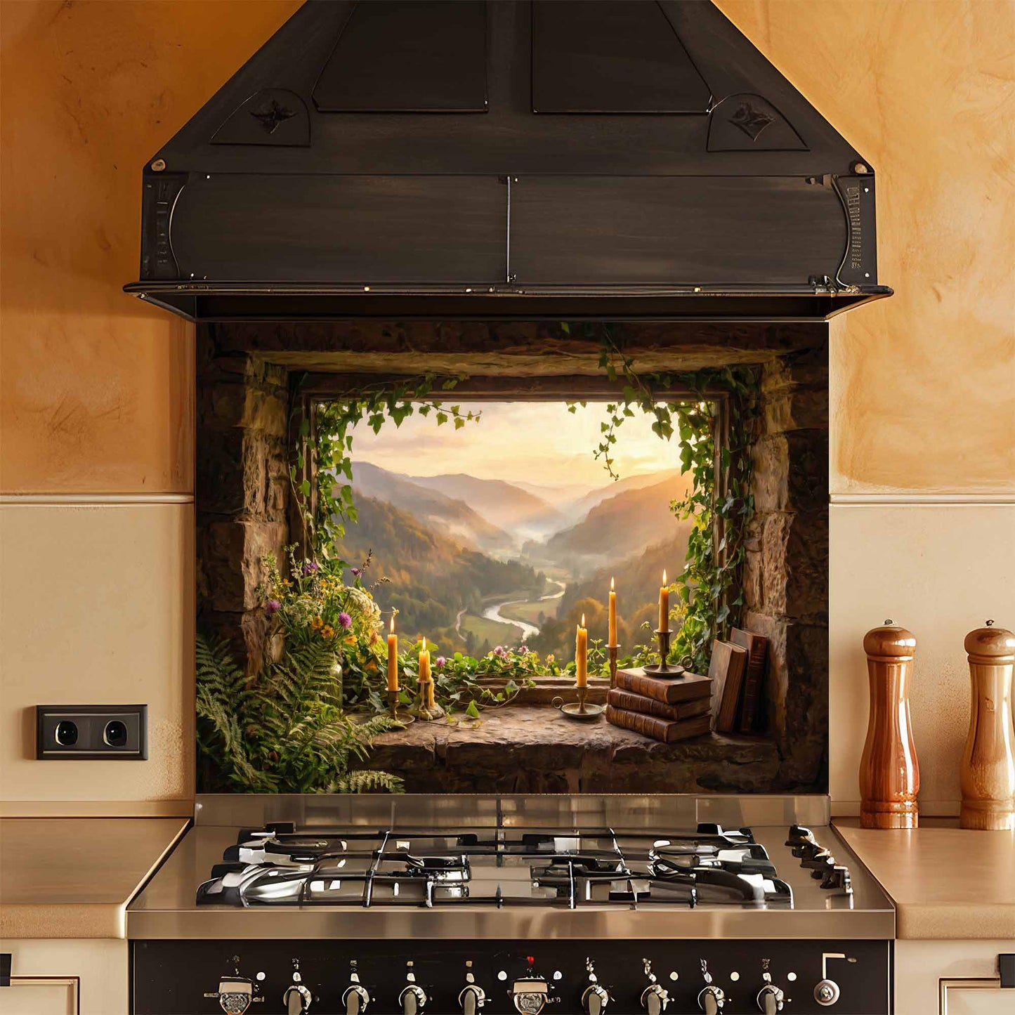 Stainless steel stove with decorative glass backsplash featuring a scenic landscape.