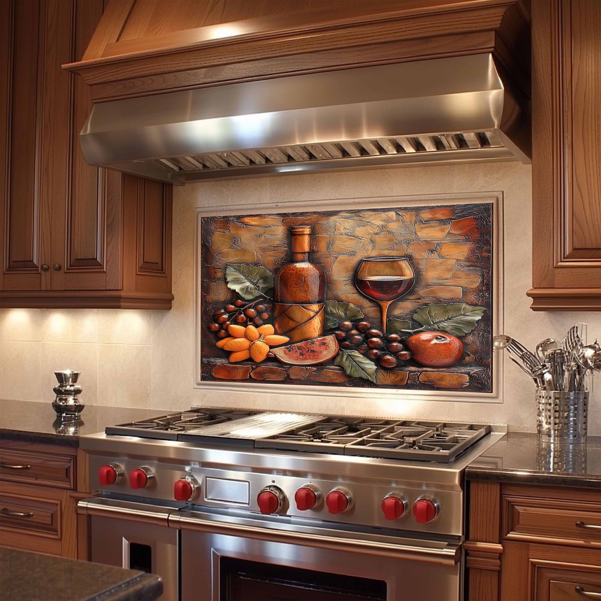 Stainless steel range hood above a stove with decorative backsplash in a kitchen.