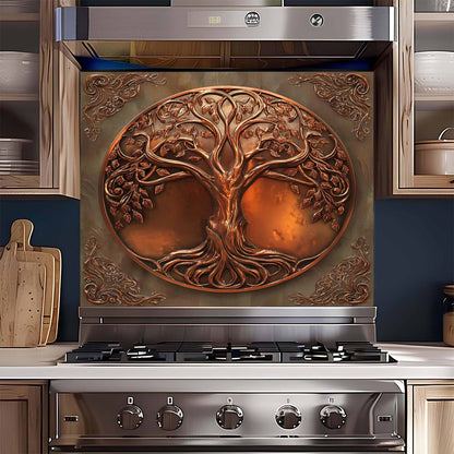 Stainless steel stove with decorative copper tree of life design on the glass backsplash