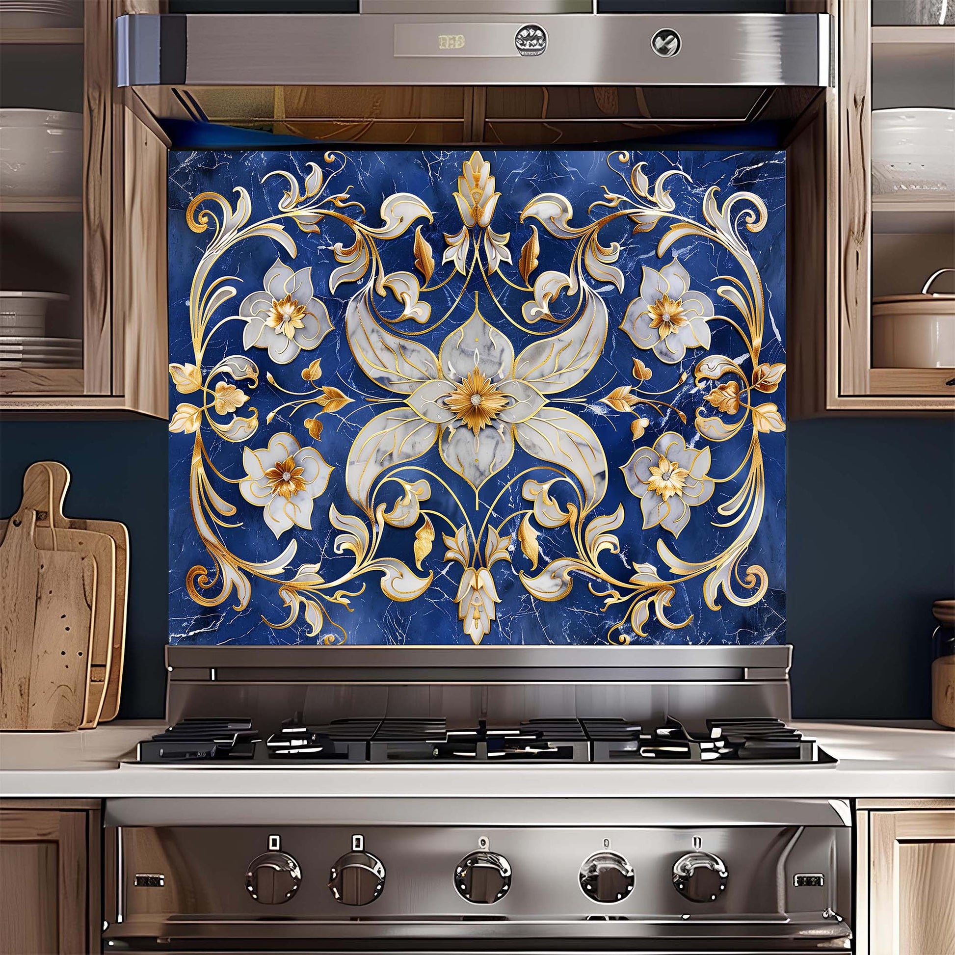 Decorative backsplash with floral pattern above a stove in a kitchen.